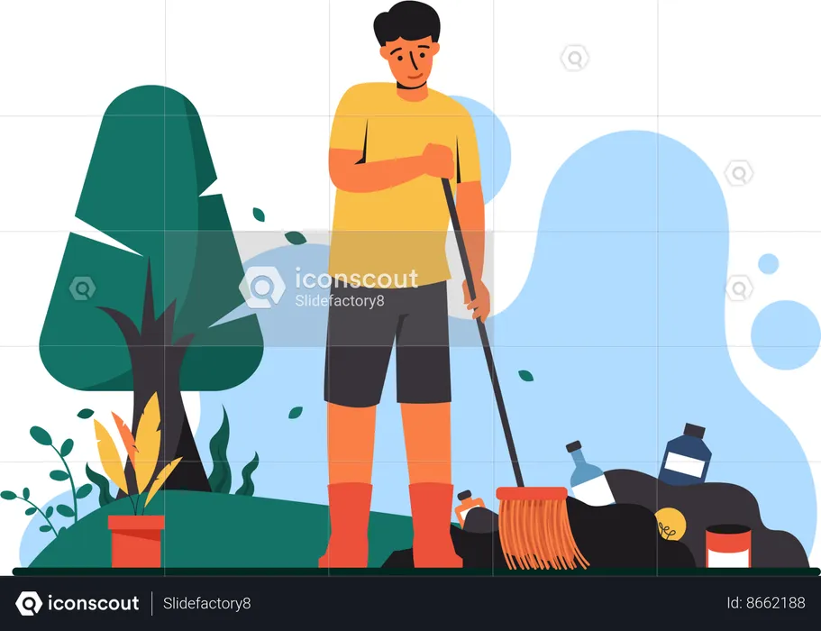 Boy sweeping in park  Illustration
