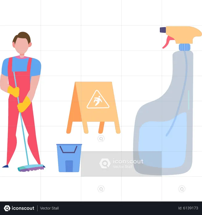 Boy sweeping on wet floor  Illustration