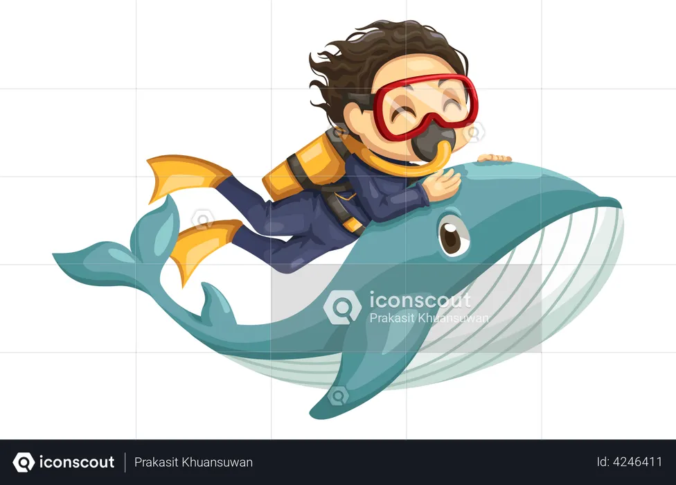 Boy swimming with fish underwater  Illustration