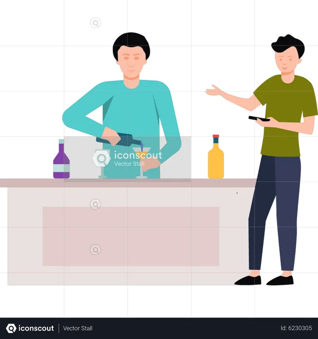 Boy taking glass of drink from bar waiter  Illustration