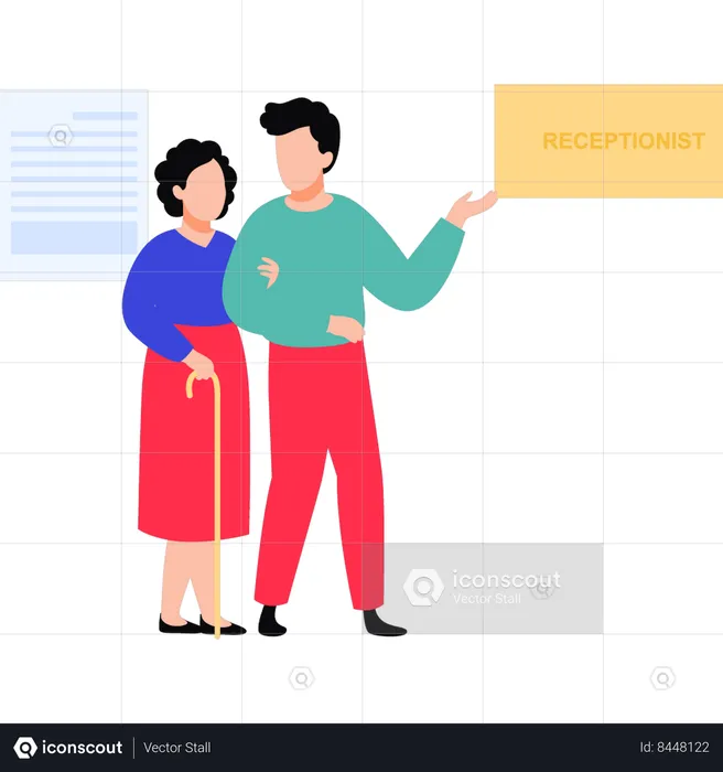 Boy taking old lady to reception  Illustration
