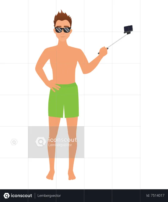 Boy taking selfie at beach  Illustration