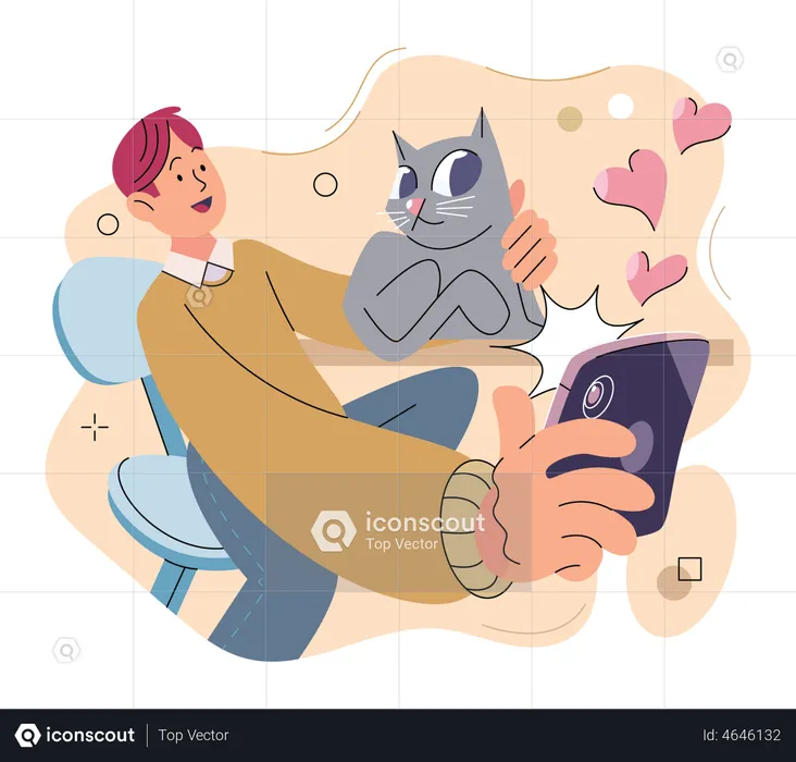 Boy taking selfie with cat  Illustration