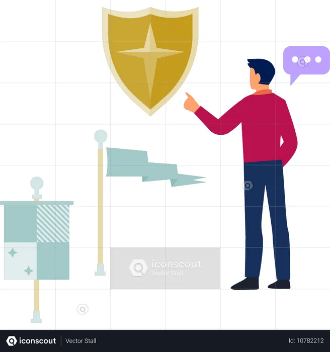 Boy talking about golden protection shield  Illustration