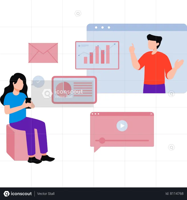 Boy talking to girl online about business graph  Illustration
