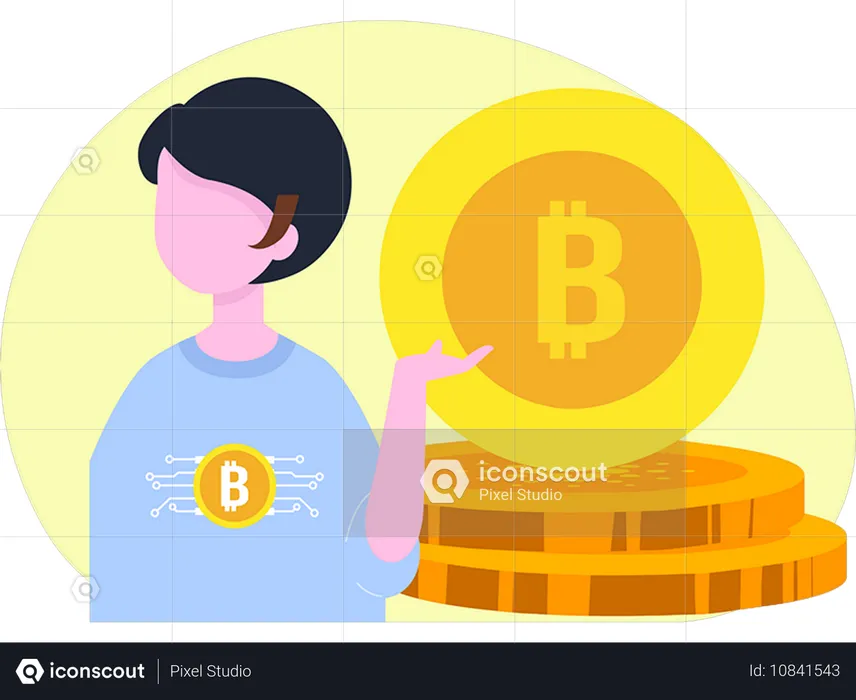 Boy telling about crypto coin  Illustration