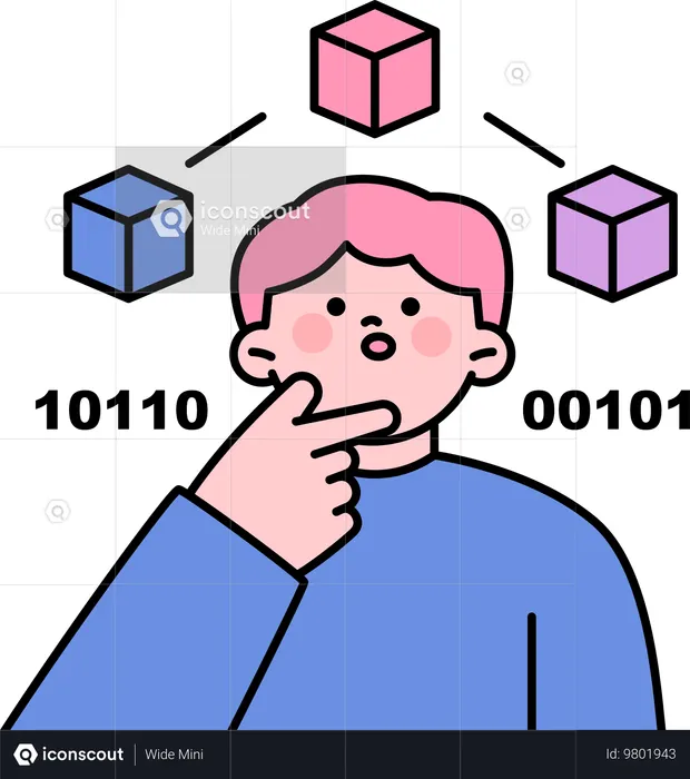 Boy thinking about binary code  Illustration