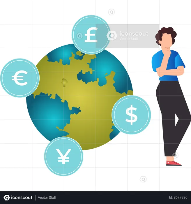 Boy thinking about global currency  Illustration