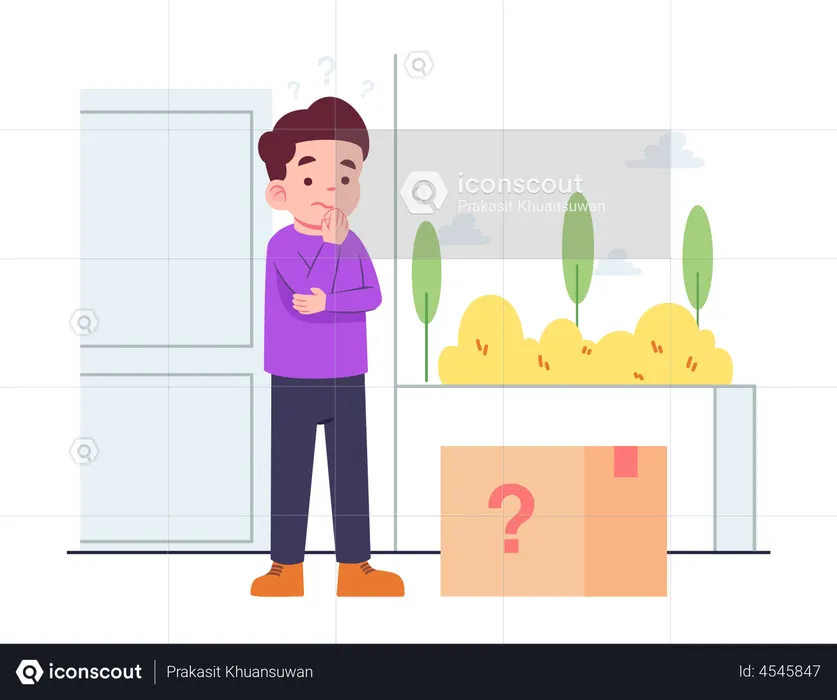 Boy thinking about package  Illustration