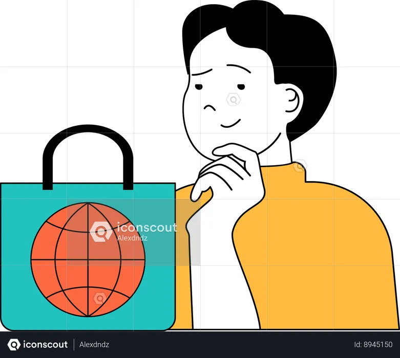 Boy thinks of global shopping  Illustration