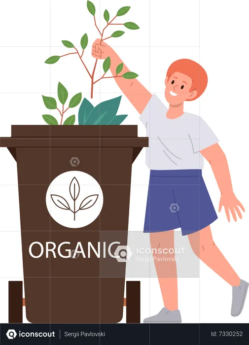 Boy throwing out organic natural waste in bin  Illustration