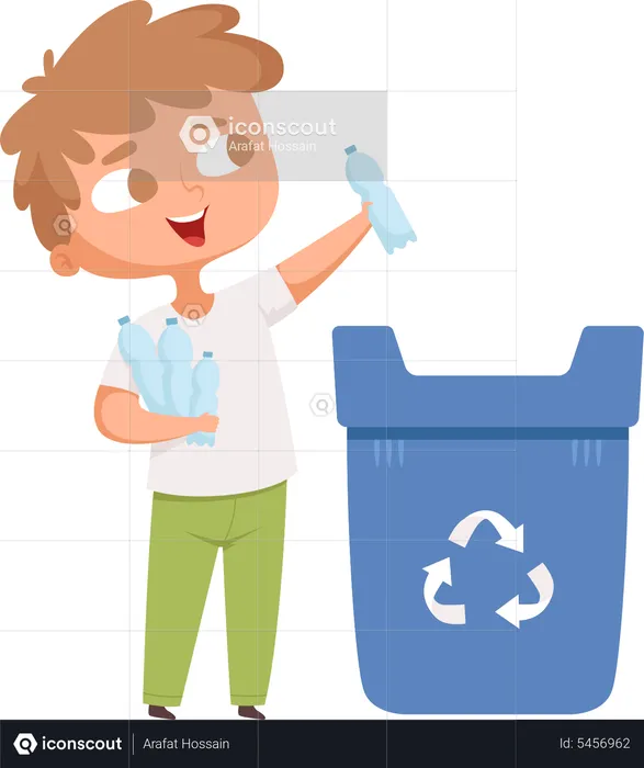 Boy throwing plastic bottle in dustbin  Illustration