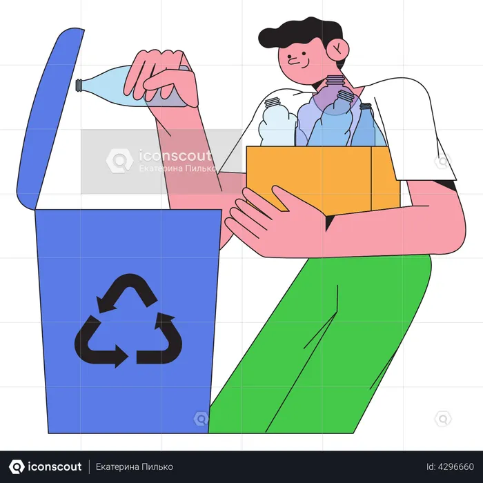 Boy throwing plastic bottle in recycle bin  Illustration