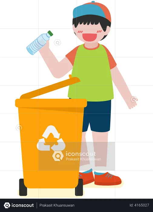 Boy throwing plastic bottle in trash  Illustration