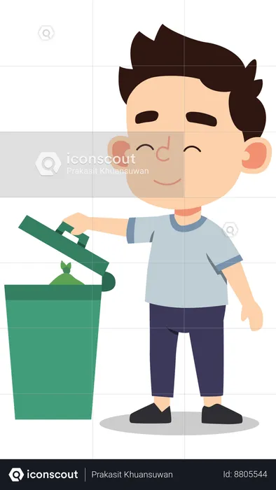 Boy throws waste in dustbin  Illustration