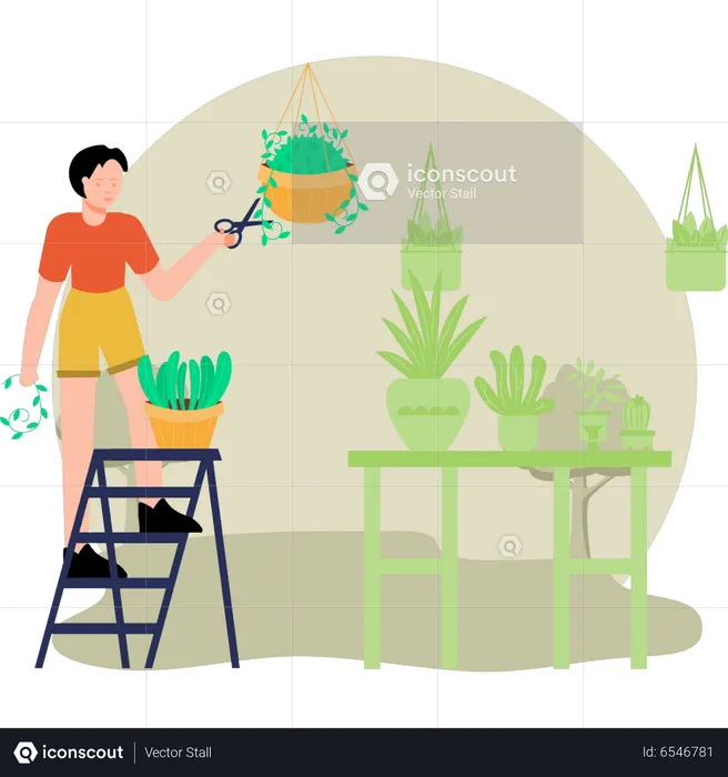 Boy trimming plants  Illustration