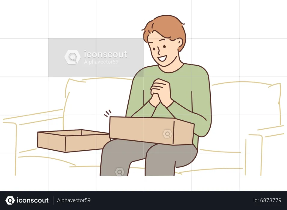 Boy unboxing shopping product  Illustration