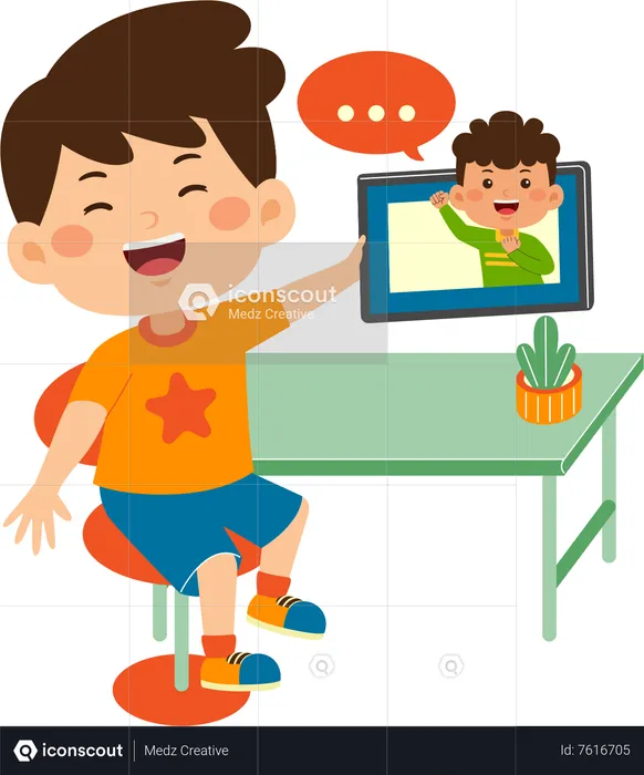 Boy use graphic tablet for video call  Illustration