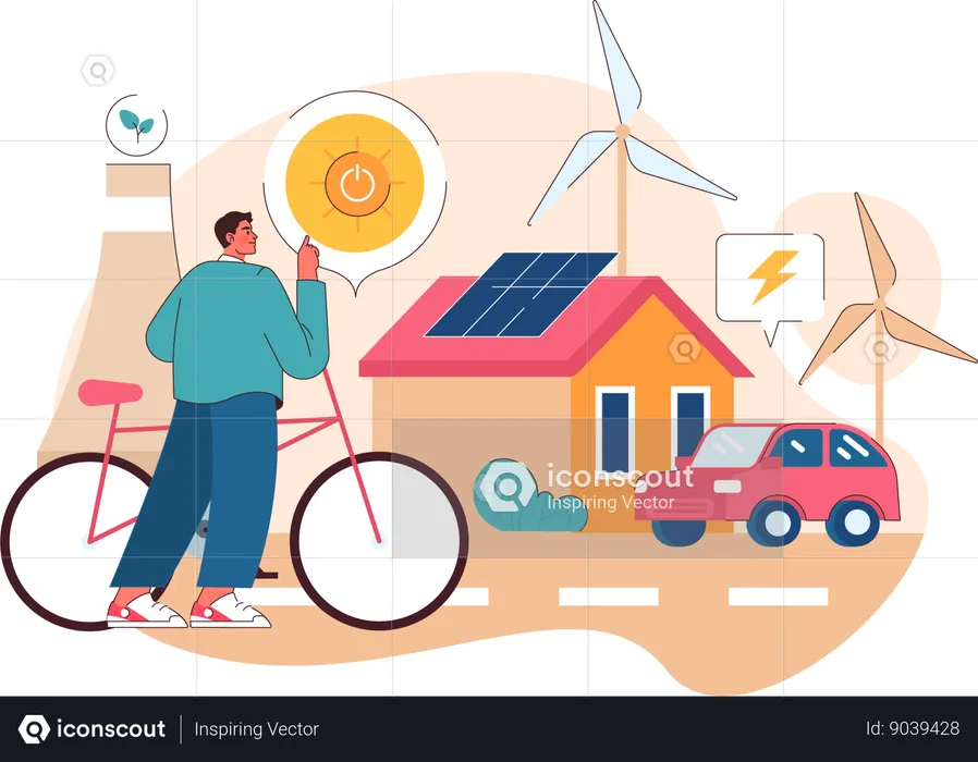 Boy uses solar and wind energy at home  Illustration