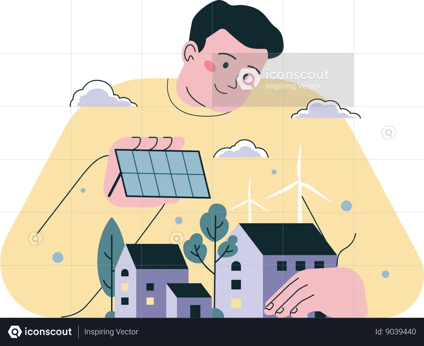 Boy uses solar panel installed on home  Illustration