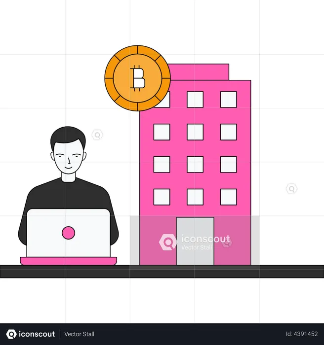 Boy using Bitcoin bank for management  Illustration