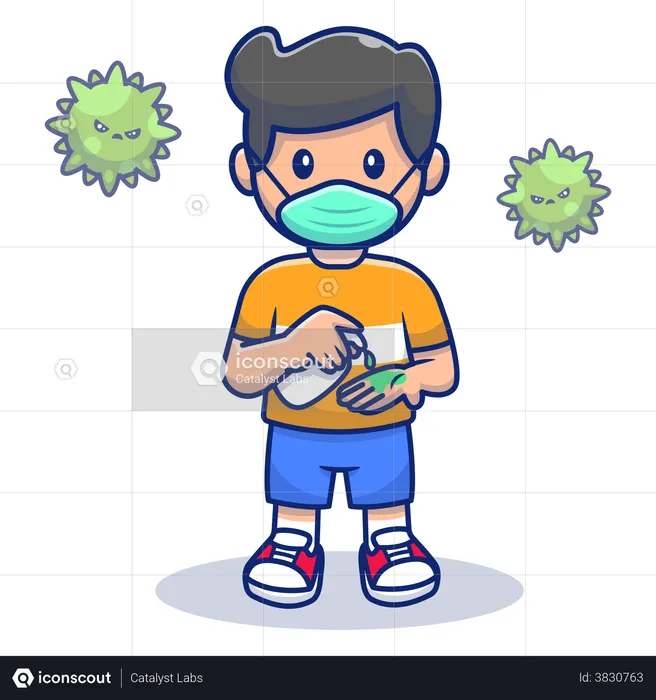 Boy using hand sanitizer during covid breakout  Illustration