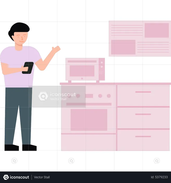 Boy using kitchen appliances through smart technology  Illustration