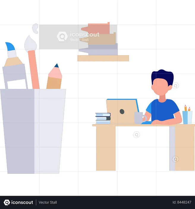 Boy using laptop at desk  Illustration