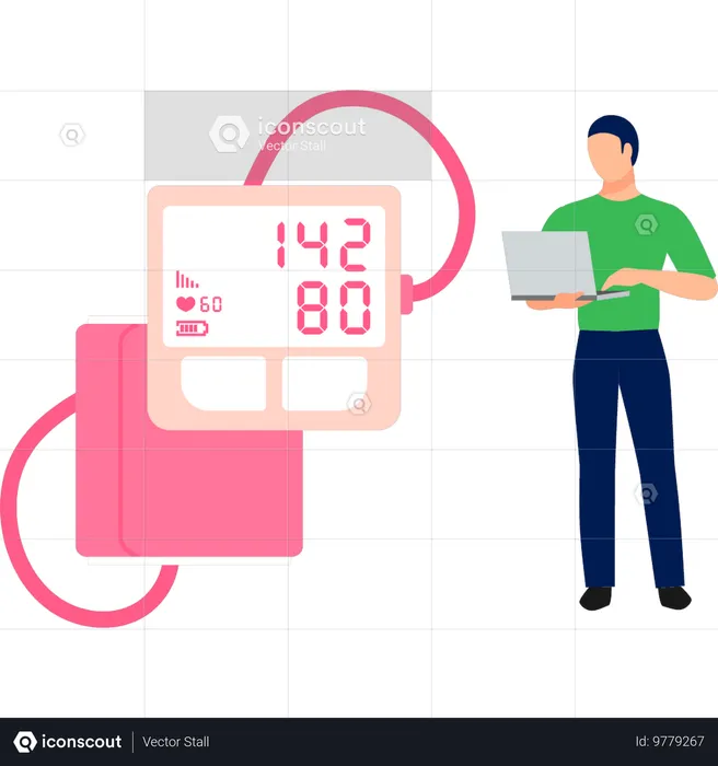 Boy using laptop measuring hypertension level  Illustration