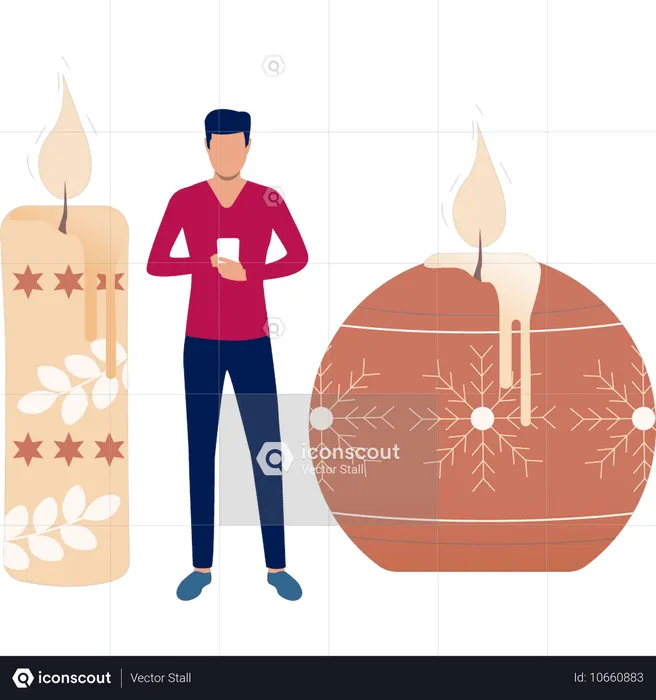 Boy using mobile beside candle  Illustration