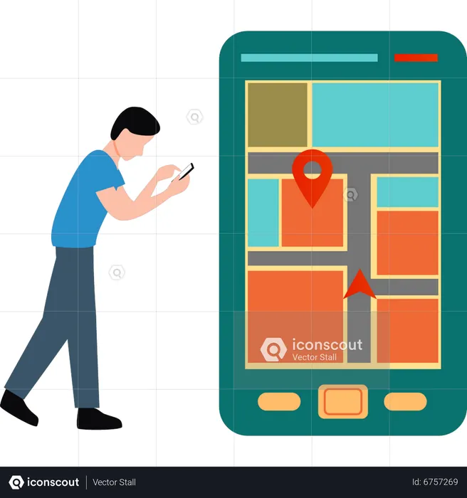 Boy using mobile map  Illustration