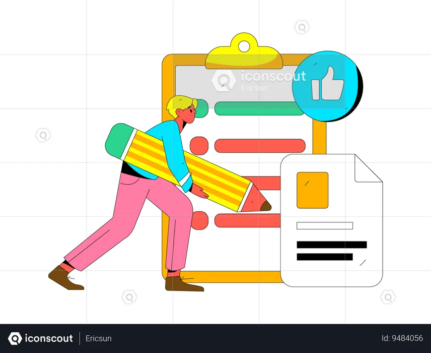 Boy using pencil to fill questionnaire  Illustration