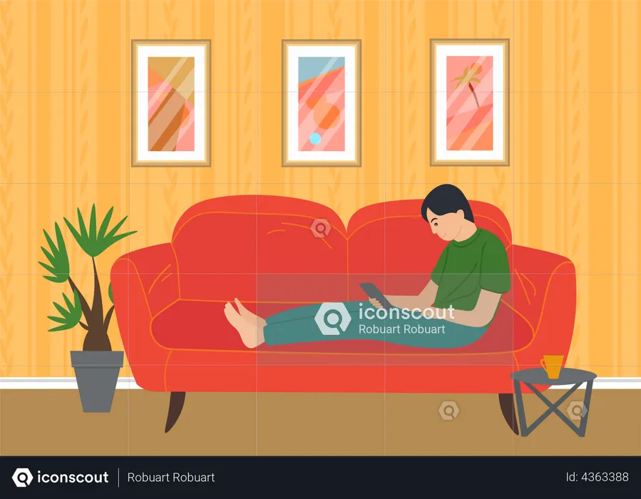 Boy using phone by lying on sofa  Illustration