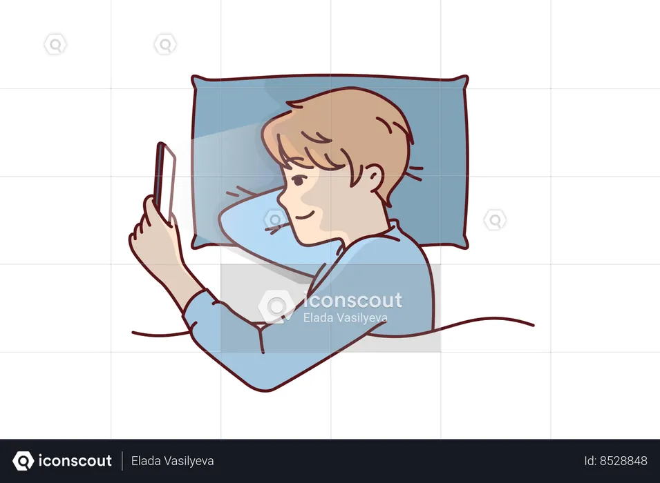 Boy using phone on bed  Illustration