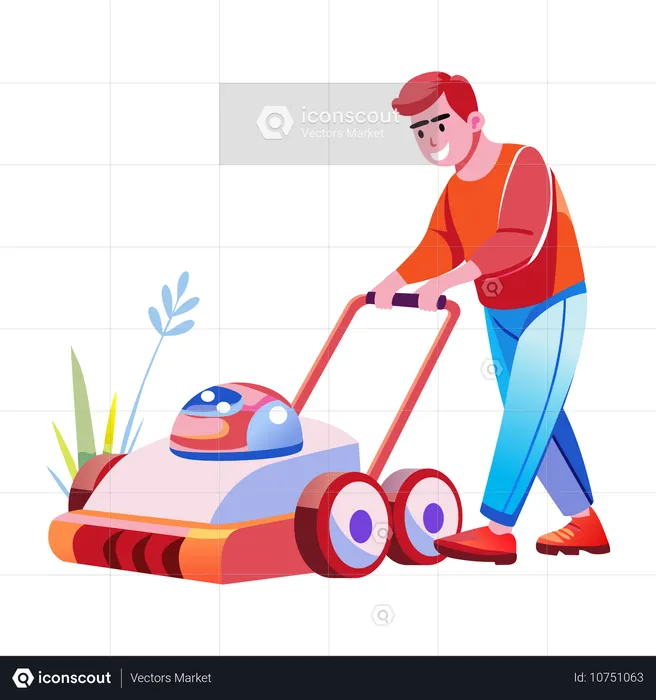 Boy using robotic mower  Illustration