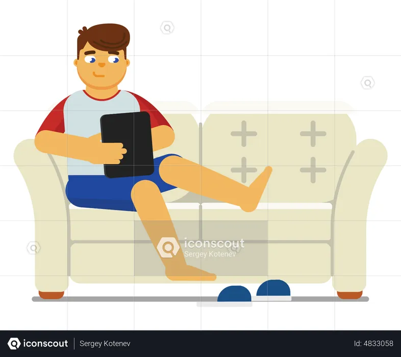 Boy using tablet while sitting on couch  Illustration