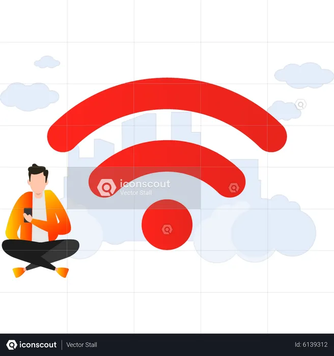 Boy using Wifi in mobile phone  Illustration