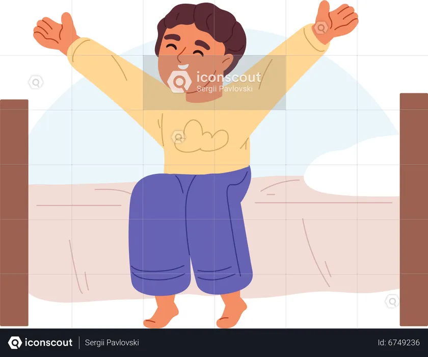 Boy waking up stretching and rubbing eyes sit on bed in bedroom  Illustration