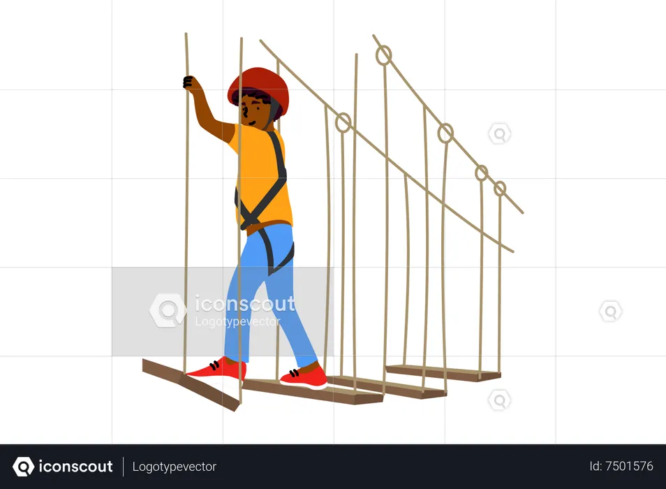 Boy walking on rope ladder  Illustration