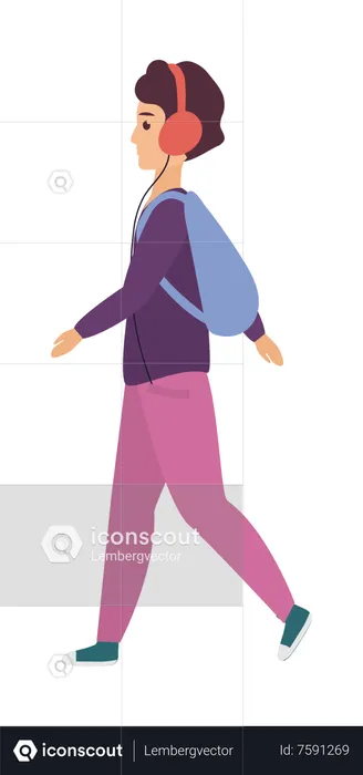 Boy walking while listening to music  Illustration
