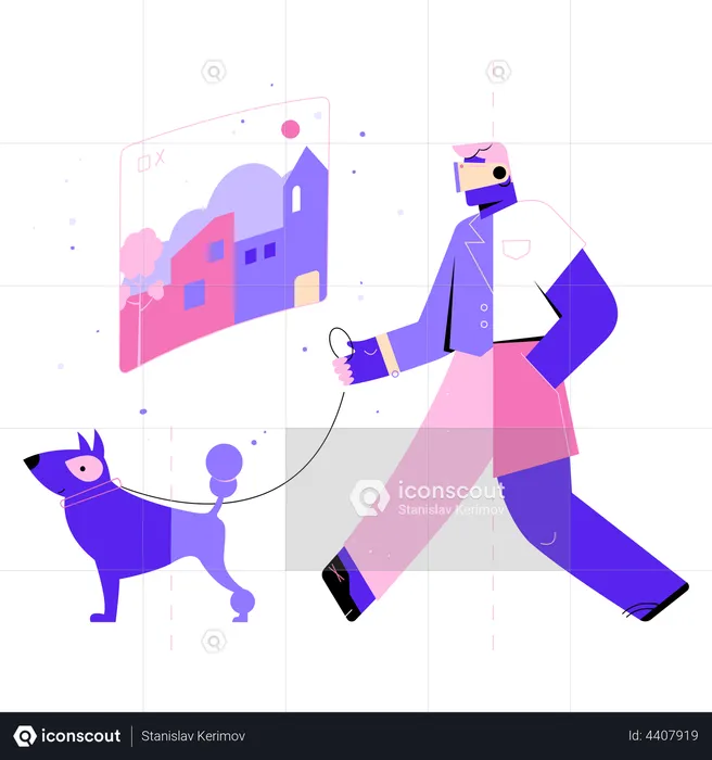 Boy walking with dog in meta world  Illustration