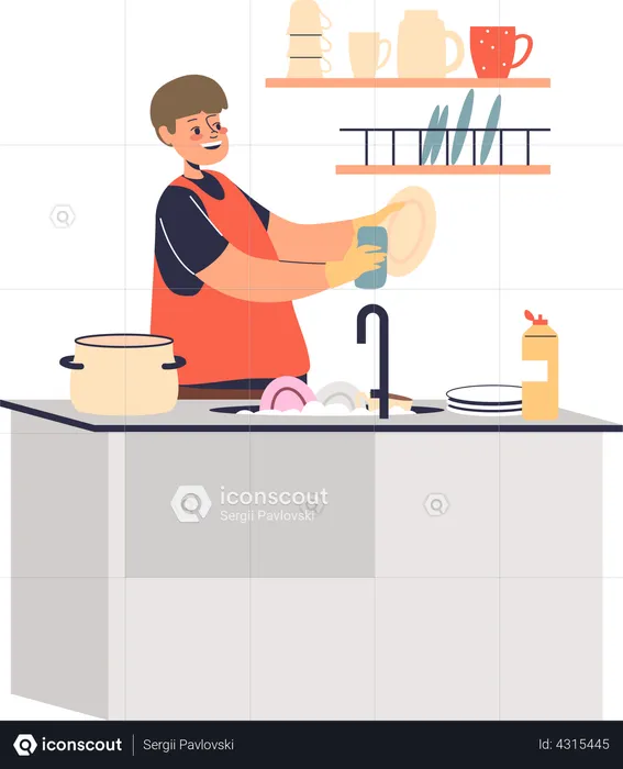 Boy washing dishes in kitchen  Illustration