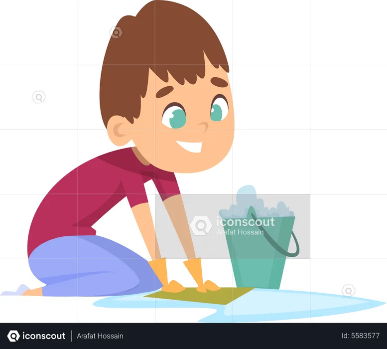 Boy washing floor with water and bucket  Illustration