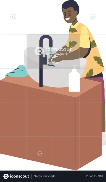 Boy washing hands in sink  Illustration
