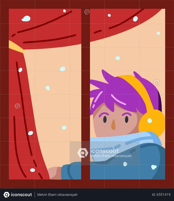 Boy Watch Snowfall From Window  Illustration