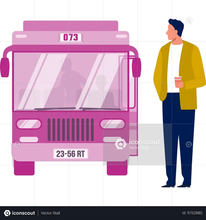 Boy watches passengers board bus  Illustration