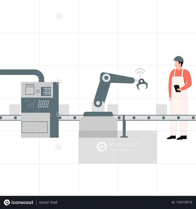 コンベアマシンの作業を観察する少年  イラスト