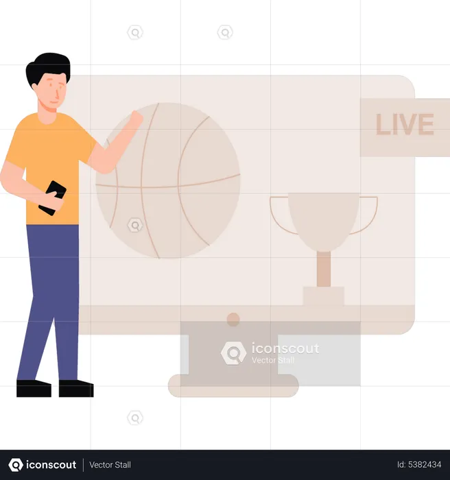 Boy watching live basketball on monitor  Illustration