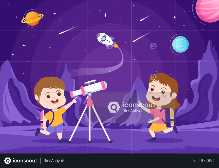 Boy Watching Through Telescope  Illustration