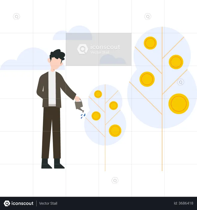 Boy watering the dollar plant  Illustration